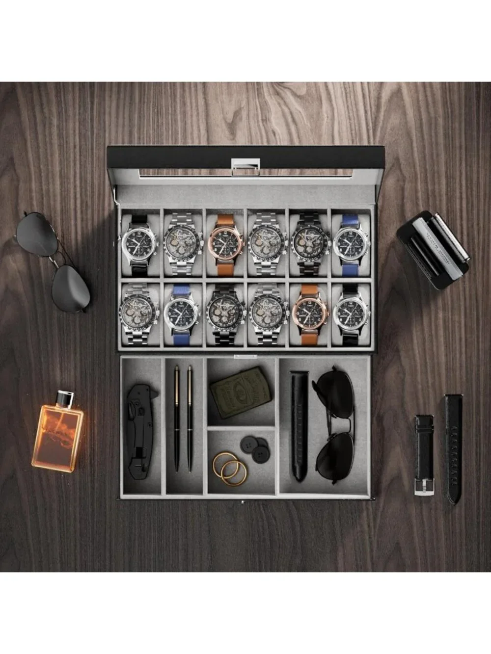 12-Slot Men's Watch Box Organizer with Drawer & Glass Lid - Jewelry Storage Gift